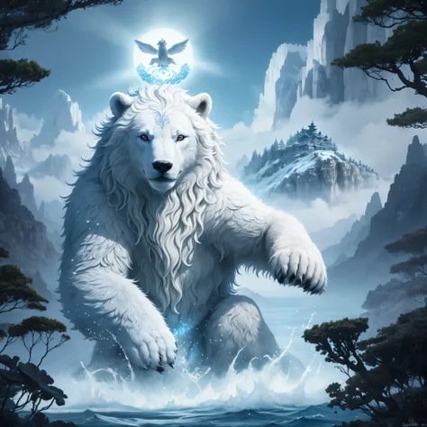 A mythological white bear, towering in size and power, emerges from the misty forest in this breathtaking illustration. Its piercing blue eyes gleam with wisdom and strength, while its thick, glossy fur shines under the ethereal moonlight. The tranquil wat...