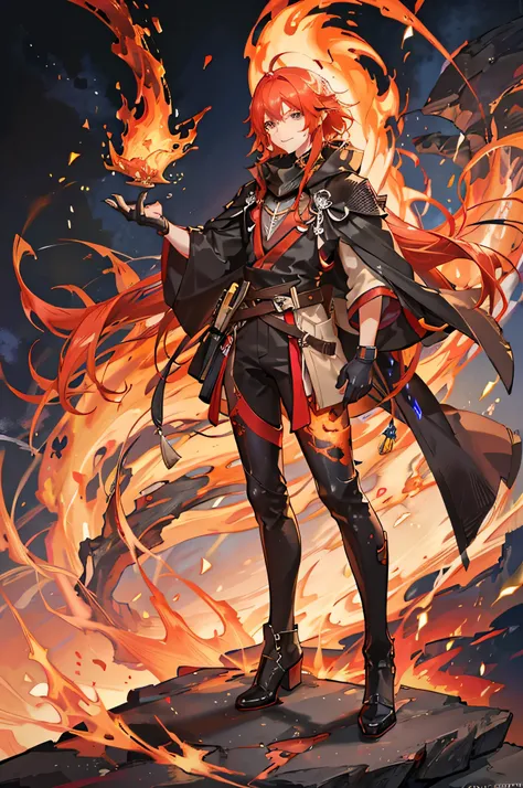 15 years old anime character with lava and flames in a room, lava mage, he is in a lava mountain, holy lava spell art, casting lava spell, thin young male , lava spell, lava with rock background, flame spell, fire behind him, badass anime 8 k, lava!! full ...