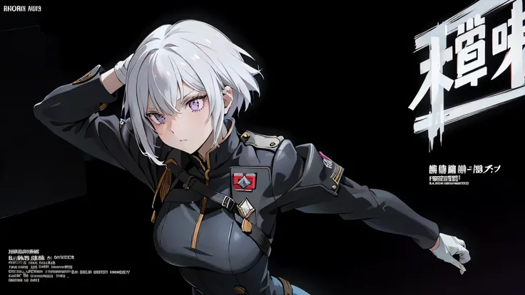 1 Girl, Solo , Alone, A Single Person, Face Close Up, Big Chest, Violet Eyes, , Hair accessories, White Bob Hair, Short Hair, Silver Hair, Bang, hair between eyes, military uniform, black dress, cape, White gloves, pantyhose, high heel boots, Explosion, Sa...