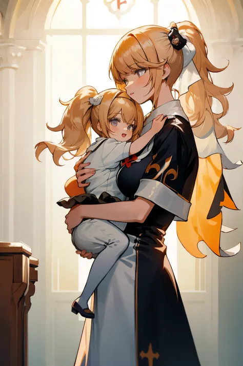 anime image of two women dressed nun posing for a picture like Nun clothing in summer, medium hair, Barbara Curly Blonde Ponytails, a girl in church, anime fantasy illustration, from the azur lane videogame, genshin, nun dress detailed art, two beautiful a...