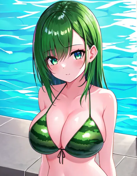 bikini,Horizontal watermelon print,(big breasts:1.5),looking at the viewer,Are standing,(((masterpiece))),((highest quality)),perfect anatomy,8K UHD,highly detailed face,luster and luster,((1 girl)),((alone)),(beautiful and fine eyes:1.5),perfect image,(Up...