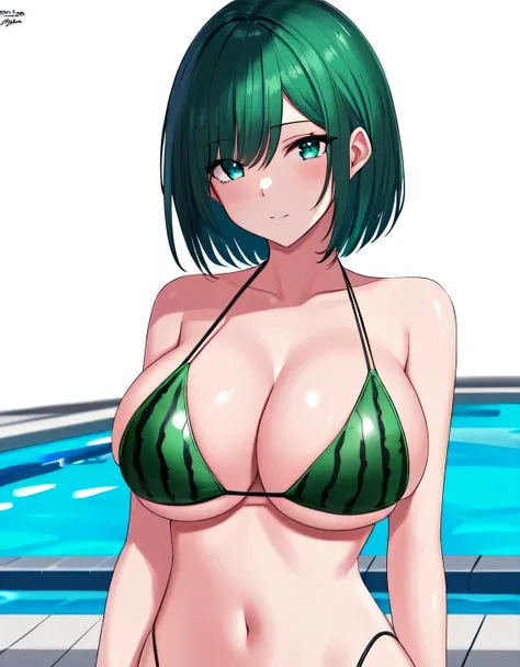 bikini,horizontal watermelon print,(Large breasts:1.5),Looking at Viewer,Standing,(((masterpiece))),((Best Quality)),Perfect Anatomy,8K UHD,extremely detailed face,gloss and shiny,((1girl)),((Solo)),(Beautiful detailed eyes:1.5),perfect Image,(Upper body:1...