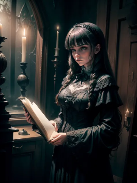  young sorceress, best quality,4k,8k,highres,masterpiece:1.2,ultra-detailed,realistic,photorealistic:1.37,(dark,dreary),victorian horror,fantasy,haunting,gothic,vintage,nightmarish atmosphere,exquisite details,ominous shadows,mysterious figures,elaborate c...