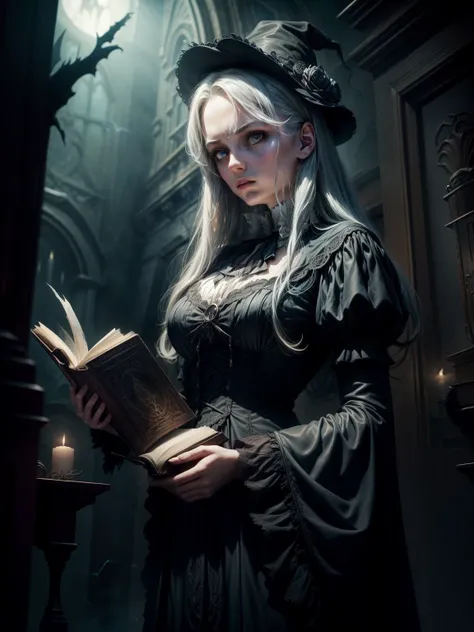  young sorceress, best quality,4k,8k,highres,masterpiece:1.2,ultra-detailed,realistic,photorealistic:1.37,(dark,dreary),victorian horror,fantasy,haunting,gothic,vintage,nightmarish atmosphere,exquisite details,ominous shadows,mysterious figures,elaborate c...