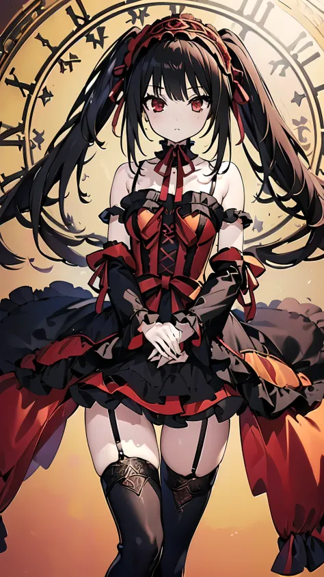 ((masterpiece, best quality, ultra detailed)), depth of field, (beautiful detailed eyes, pretty face, detailed face), 1girl( standing elegantly, different red left eye and golden right eye, long hair, twin-tails, black hair, red and black Lolita dress, lon...