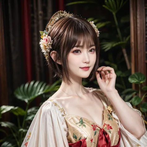 148
(20 year old woman,Floral costume), (surreal), (High resolution), ((beautiful hairstyle 46)), ((short hair:1.46)), (gentle smile), (breasted:1.1), (lipstick)
