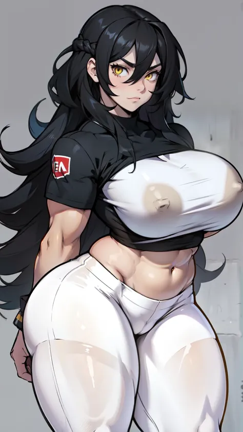 shy girl muscular girl thick girl pale skin girl black hair girl yellow eyes girl midriff navel abs massive breasts girl long hair hair between eyes leggings tight shirt (thick thick) (thick thick)