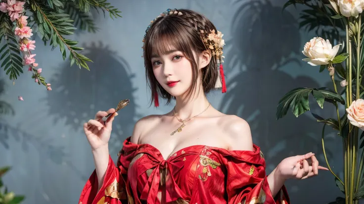 148
(20 year old woman,Floral costume), (surreal), (High resolution), ((beautiful hairstyle 46)), ((short hair:1.46)), (gentle smile), (breasted:1.1), (lipstick)
