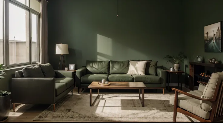 cozy contemporary living room, colors dark green, beige, #CEDCC8, dark brown