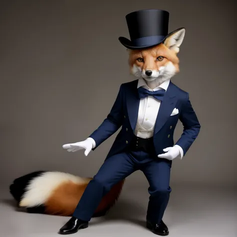 anthropomorphic fox, full body wearing a navy suit and wearing top hat