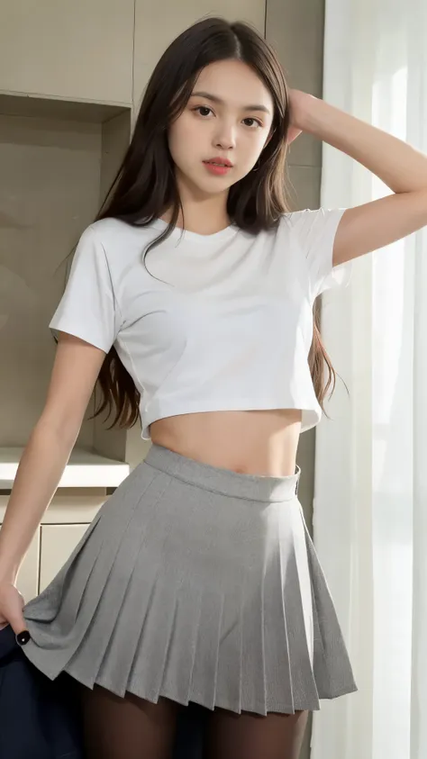 olivia rodrigo, 13 years old, long hair: 1.3, lifting t-shirt to show me her breasts, pleated skirt, pantyhose, small breasts, l...