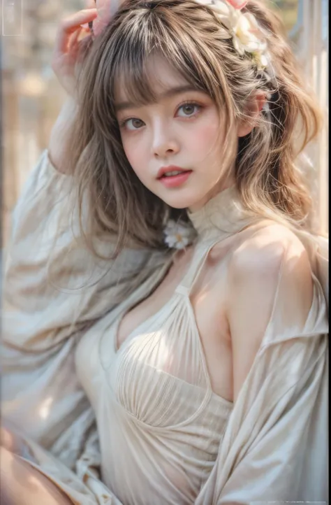 masterpiece、8K、32K、highest quality、(Detailed both eyes)、(cute japanese woman、bangs:1.3)、23 years old、1 girl、elegant、black hair、(retro、film camera:1.4)、knit dress、(huge boobs:1.2)、(flower garden、grass:1.3)、sit、(shot from above:1.7)