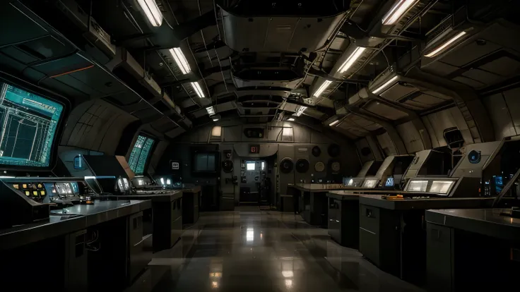 hazy sci-fi military lab, wide shot, inside the lab there are big machines and terminals, eerie atmosphere, multilayered layout, intricate detail, 8K
