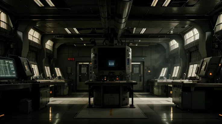 hazy sci-fi military lab, wide shot, inside the lab there are big machines and terminals, eerie atmosphere, multilayered layout, intricate detail, 8K
