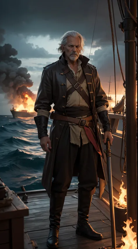 An old weathered, wrinkled pirate, with a homemade eyepatch, his clothes are worn out and tattered, he has a rusty sword at his waist with an old leather scabbard, he is standing on the deck of his ship at night in a stormy war, glow of fire and burning sh...