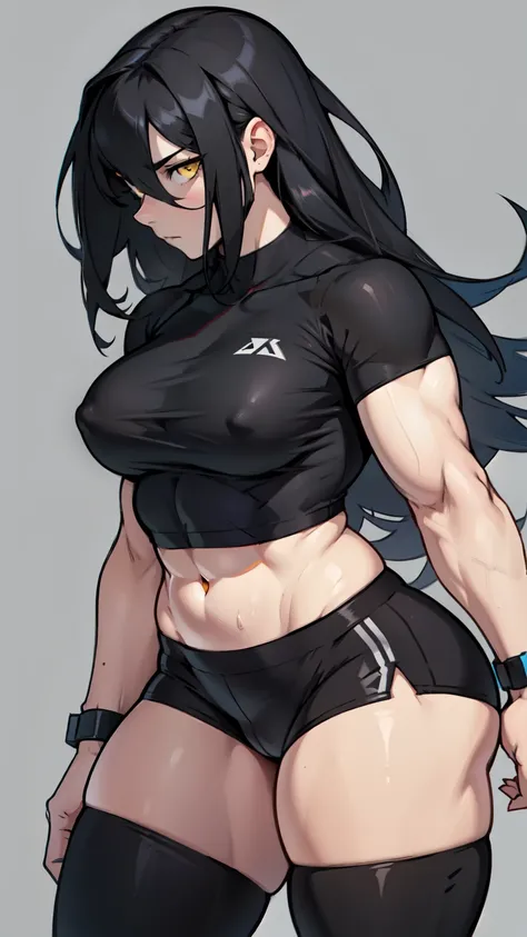 expressionless sad girl muscular girl thick girl pale skin girl black hair girl yellow eyes girl skindentation midriff navel abs flat chest girl long hair hair between eyes leggings tight shirt thick thick thick thick thick thick thick thick thick thick th...