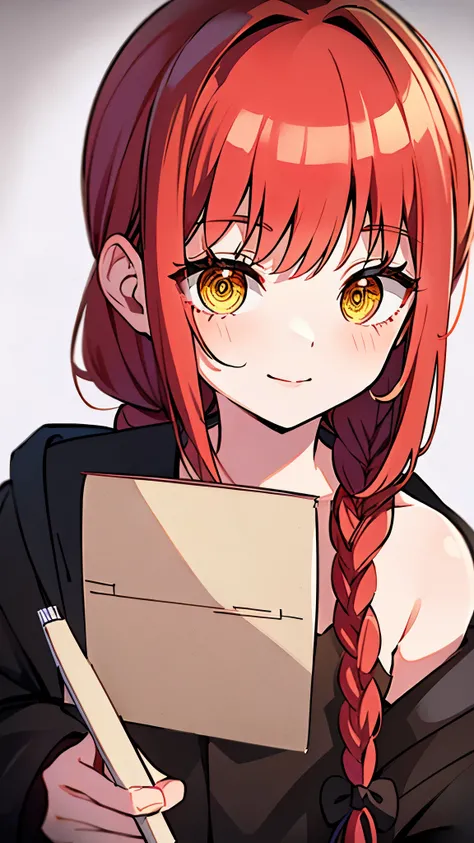 makima, makima, long hair, smile, bangs, small breasts, (yellow eyes:1.2), braid, red hair, braided ponytail, ringed eyes, 
 (holding a blank paper viewing it to the viewer:1.4)