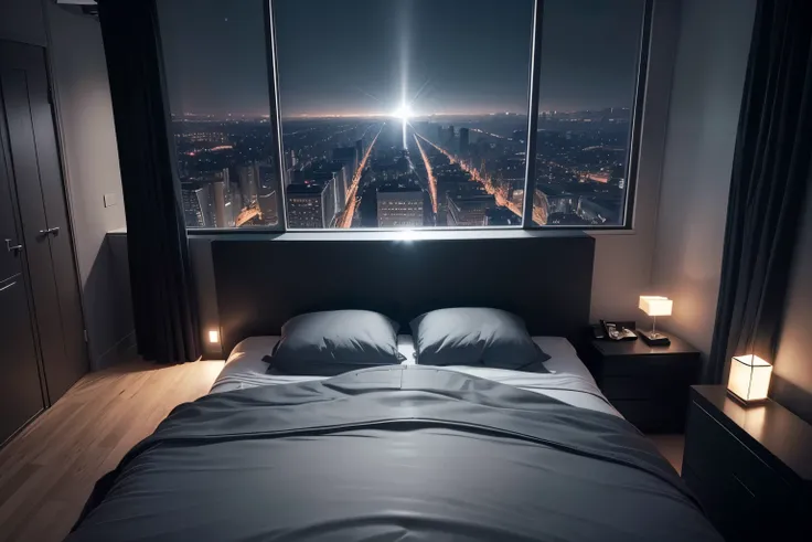 A cosy dark themed modern bedroom, luxury, high class, gray satin bed, amazing views, midnight, bed on the center, Ariel view