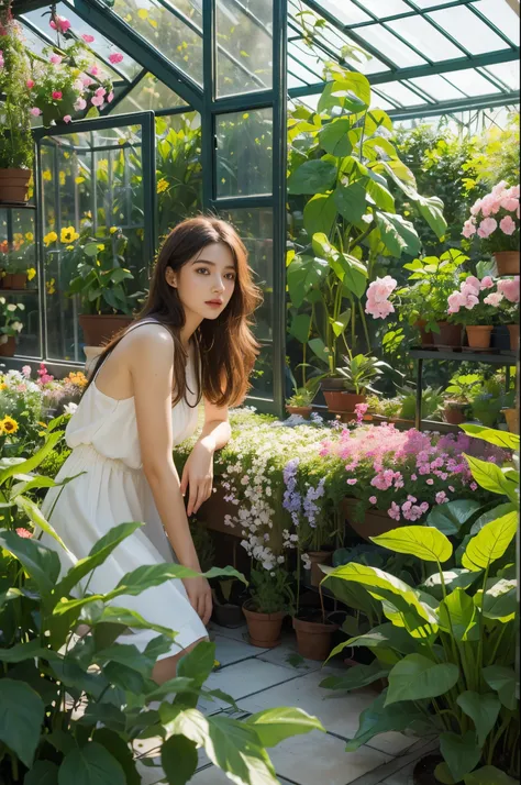 a girl in a greenhouse, detailed plants, beautiful sunlight, vibrant colors, soft shadows, oil painting, highres, realistic, peaceful atmosphere, delicate flowers, lush foliage, fresh air, intricate vines, botanical beauty