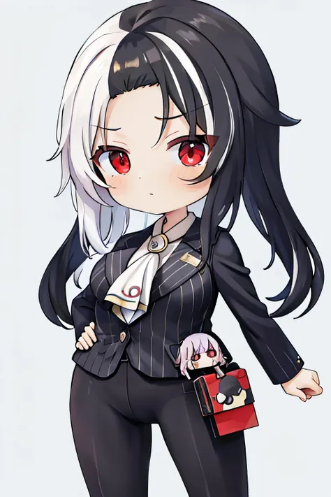 masutepiece, Best Quality, Rosanna (nikke), Standing, Business Suit, Cowboy Shot, Red Eyes, ascot,long, arms folded, ((Chibi))