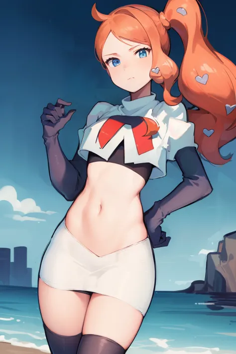 (masterpiece, best quality:1.2), cowboy shot, solo, 1girl, sonia, looking at viewer, side ponytail, heart hair ornament, team rocket,team rocket uniform,white skirt,crop top,black thigh-highs,black elbow gloves