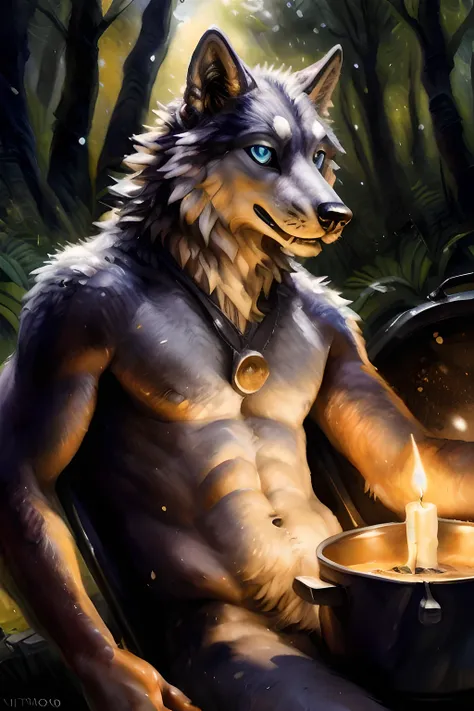 solo, male, (slim), (male anthro wolf):1.3, grey body, white furry belly, (laying on back):1.3, ((night)) (inside a black cooking pot), knot, cannine penis, detailed eyes, wolf tail, ((body portrait)), (detailed eyes, blue eyes, glowing eyes):1.1, (outdoor...