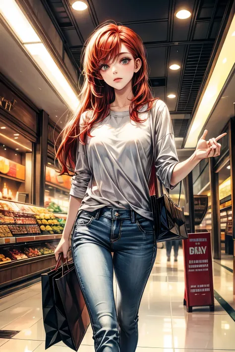 chris, 25 years old, woman, Redhead shortcuts, Beauty, casual pants style, Shopping at a shopping mall