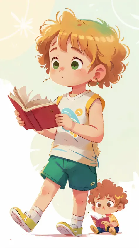 boy, white background, childrens book illustration style, simple, cute, 2 years old, bright colors, (blond hair), ends of hair below the ears curly, light skin, (sleeveless shirt), (white shirt), shorts fabric, (green shorts), intricate details, reading a ...