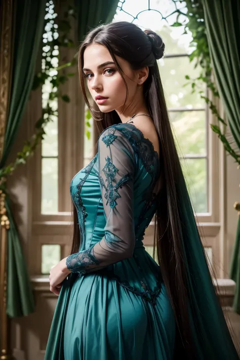 (RAW, Best quality, high resolution, Masterpiece: 1.5), A super beautiful girl, with a Victorian hair style, and super long, luscious green hair cascading down her back, framing her elegant face, and grey eyes that seem to hold an enchanting allure, and re...