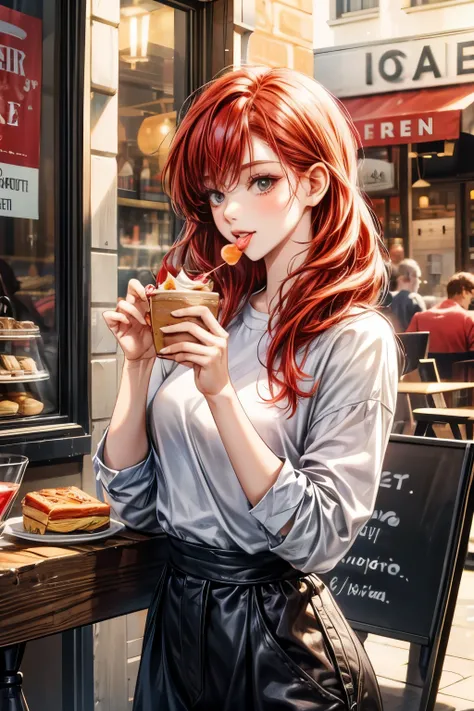 chris, 25 years old, woman, Redhead shortcuts, Beauty, Casual fashion style, Eating sweets at a cafe