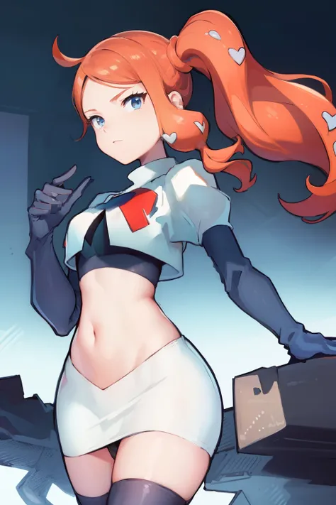 (masterpiece, best quality:1.2), cowboy shot, solo, 1girl, sonia, looking at viewer, side ponytail, heart hair ornament, team rocket,team rocket uniform,white skirt,crop top,black thigh-highs,black elbow gloves