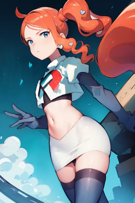 (masterpiece, best quality:1.2), cowboy shot, solo, 1girl, sonia, looking at viewer, side ponytail, heart hair ornament, team rocket,team rocket uniform,white skirt,crop top,black thigh-highs,black elbow gloves