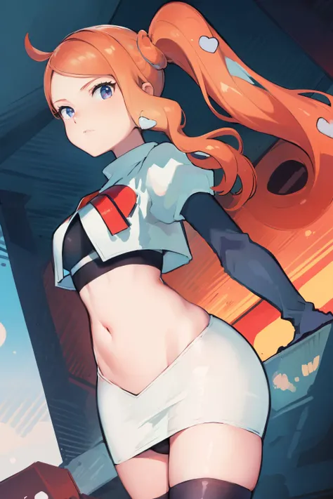 (masterpiece, best quality:1.2), cowboy shot, solo, 1girl, sonia, looking at viewer, side ponytail, heart hair ornament, team rocket,team rocket uniform,white skirt,crop top,black thigh-highs,black elbow gloves