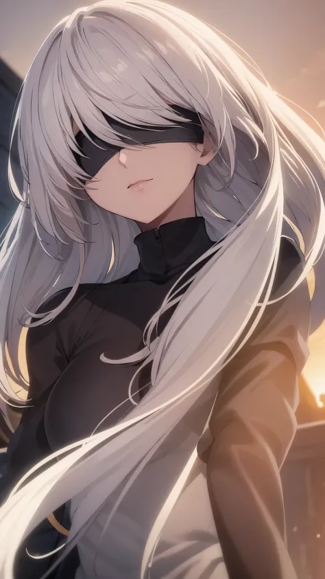 (extremely detailed CG unity 8k wallpaper), (masterpiece), (best quality), (ultra-detailed), (best illustration), (best shadow), (absurdres), 2b, 1girl, long hair, long ponytail, normal size boobs, white hair, blindfold solo, Intimidating women, admiral un...