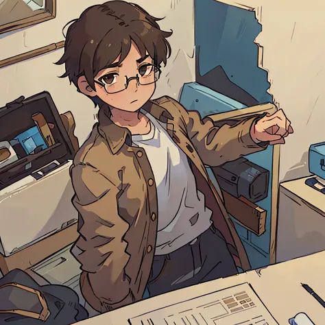 A boy with short brown hair, brown eyes, and glasses. He is wearing a professional outfit as a builder