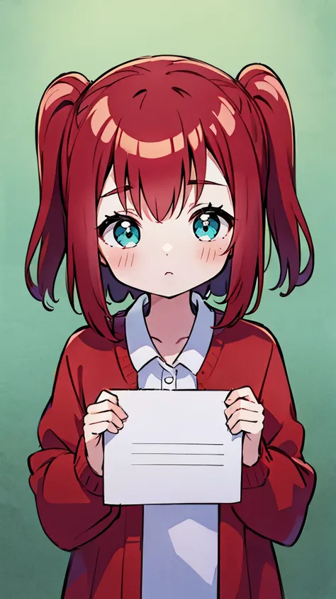 ruby kurosawa, aqua eyes, medium hair, red hair, two side up, twintails, , (holding a blank paper viewing it to the viewer:1.4)