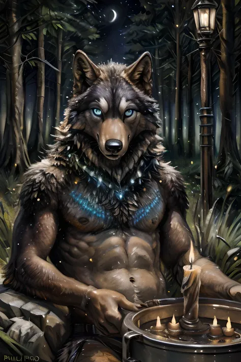 solo, male, (slim), (male anthro wolf):1.3, grey body, white furry belly, (laying on back):1.3, ((night)), knot, cannine penis, detailed eyes, wolf tail, ((body portrait)), (detailed eyes, blue eyes, glowing eyes):1.1, (outdoors:1.35), one big cooking pot,...