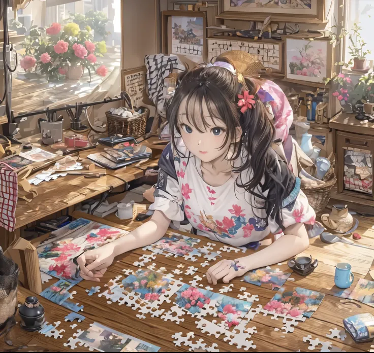 masterpiece、8K、（1 female、Sit in front of a desk、assemble a jigsaw puzzle）、inside the house