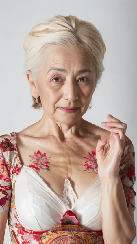 ((fractal art)), (((masterpiece))), 8k, clear image, (((alone))), (((old elderly chinese milf))), pure white background, lower your arms, wear a flashy bra, gravure, facing the front, ((Elderly mature woman with an old face)), describe the lips correctly,r...