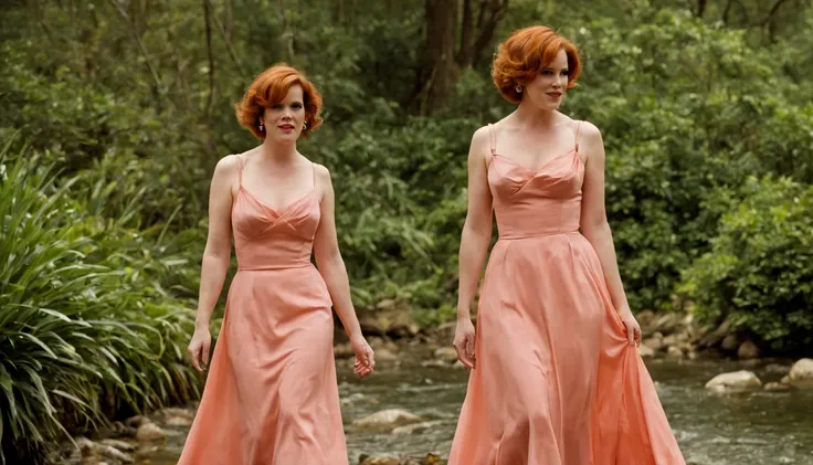 beautiful girl ("Molly Ringwald"), (25 anos), corpo inteiro, (salmon evening dress), vestido com fenda, dress with straps, caminhando no lindo jardim com um chafariz jorrando agua.