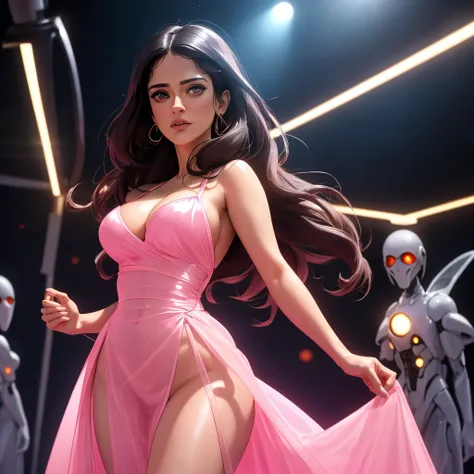 A group of aliens has abducted Salma Hayek (age 40) and they are poking her and examining her while she must stand in a bright spotlight. She is dressed in a pink translucent gown and is very shy