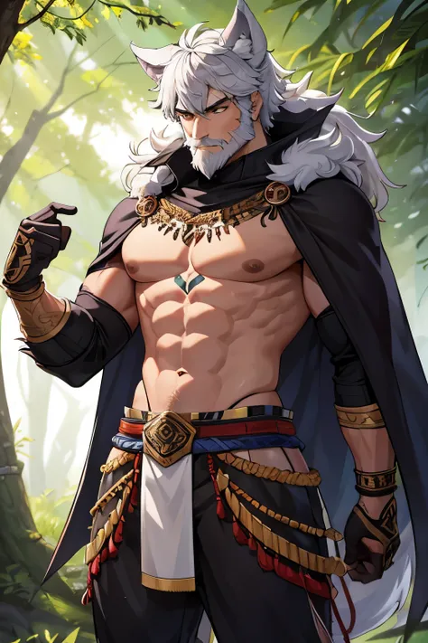 A RPG character, belonging to the Berserker class, wolf ears, he is a muscular human with a broad and well-defined chest. They have tanned skin, clear lilac eyes, white anf short hair, and distinctive, thick eyebrows. 

The character maintains a well-defin...