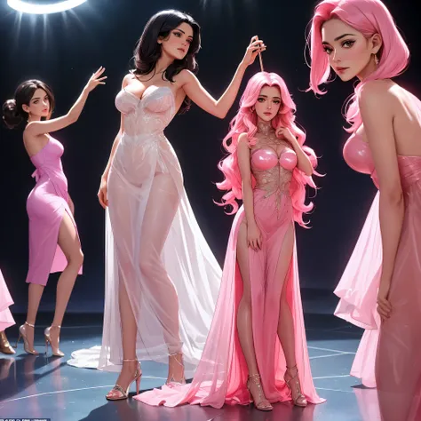 A group of aliens has abducted Salma Hayek (age 40) and they are poking her and examining her while she must stand in a bright spotlight. She is dressed in a pink translucent gown and is very shy