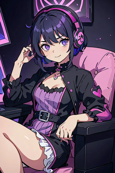 woman sitting on a gaming chair wearing a pink dress, using headphones, playing in PC ,wearing a gothic dress, black and pink dress, 20s goth girl, witch clothes, goth outfit, in a dress, goth girl, mall goth, wearing pink floral chiton, wearing a pink dre...