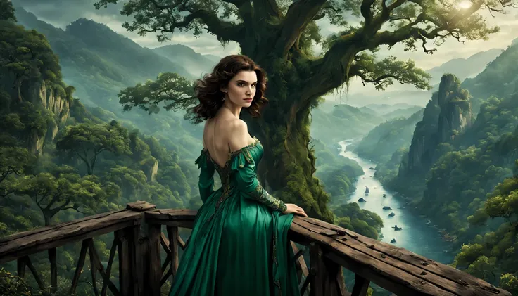 premiado, arte conceitual, belas artes, epic fantasy digital art, bird view，cinematic lighting, Vista descendente，plano super amplo，Viewing angle from afar，profundidade de campos，beautiful young lady (Rachel Weisz ), (27 anos), ((((corpo inteiro)))), (((us...