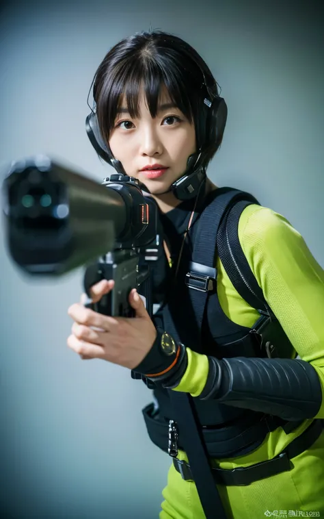 ((Best Quality, 8K, Masterpiece: 1.3)), ((best quality)), photorealistic, photorealism, Photorealistic, high resolution, 1girl aiming with an ak-47 assault rifle, Combat pose, looking at the camera, (Detailed face), short hair, (wearing red rubber suit, ta...