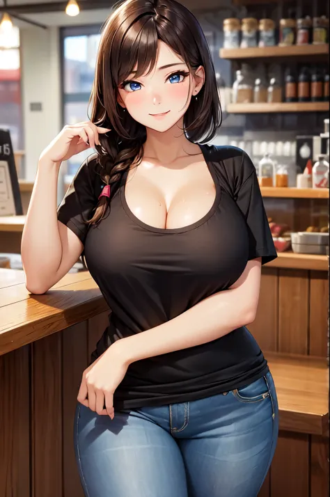 (High quality, High resolution, Fine details), coffee shop, Long denim pants, BREAK Black Long T-shirts, BREAK solo, curvy women, Elegant hairstyle, sparkling eyes, (Detailed eyes:1.2), Natural Makeup, smile, blush, Sweat, Oily skin, shallow depth of field...