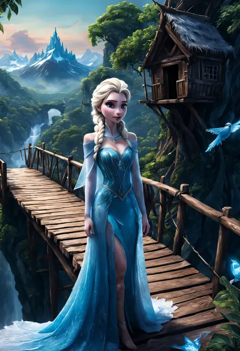 premiado, arte conceitual, belas artes, epic fantasy digital art, bird view，cinematic lighting, Vista descendente，plano super amplo，Viewing angle from afar，profundidade de campos，beautiful young lady (Elsa de frozen ), (27 anos), ((((corpo inteiro)))), (((...