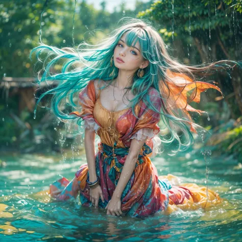 masterpiece, best quality, loose summer clothes, long shirt, long dress, colorful hair, outdoor,upper body, colorful summer clothes, varied colours, ((bright sunshine)), ((fully clothed)), warm clothes, wet clothes, ((soaked)), ((drenched)), ((dripping wet...