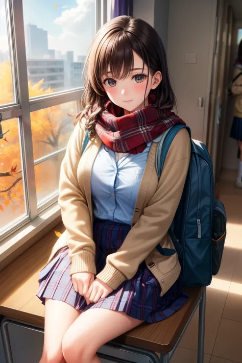 Girl in school uniform, sitting at her desk with books scattered around, sunbeams streaming in through the open window, bringing out the vibrant colors of her plaid skirt and sweater, realism: 1.0, anatomy: 0.8, nfsw: 0.0, high quality, high resolution.

O...